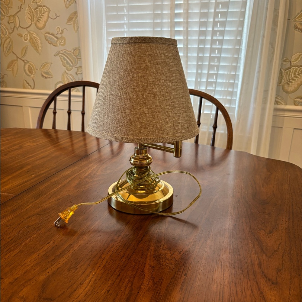 Brass Table Lamp with Beige Fabric Shade - Home Office